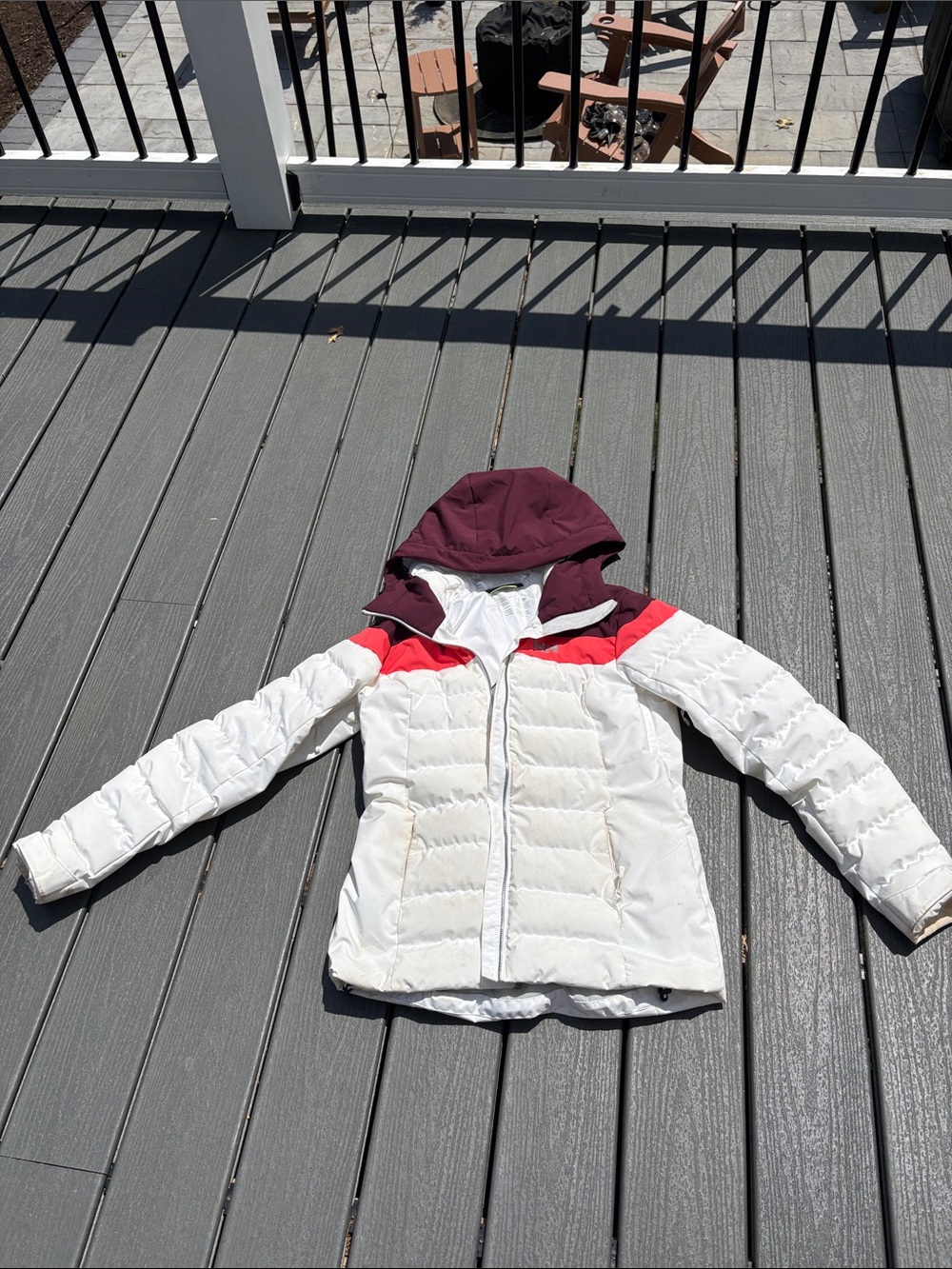 Helly Hansen White Puffer Jacket with Maroon Hood and Red Accents